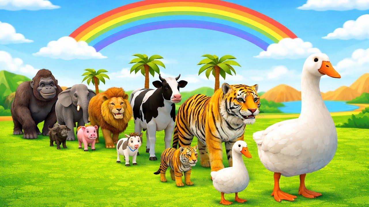 Long Slide Game With Cow Elephant Gorilla Hippopotamus Tiger - 3d Animal Game - Funny 3d Animals
