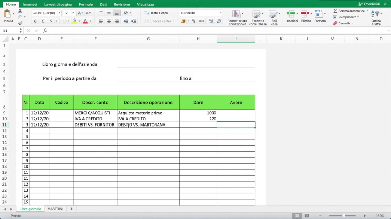 prof. Alessandro Martorana - ec. aziendale - libro giornale e mastrini su EXCEL classe 3^C