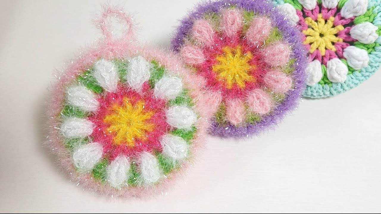 수세미뜨기/ 팝콘 입체꽃 호빵수세미/ Crochet flower/ Crochet dish scrubber