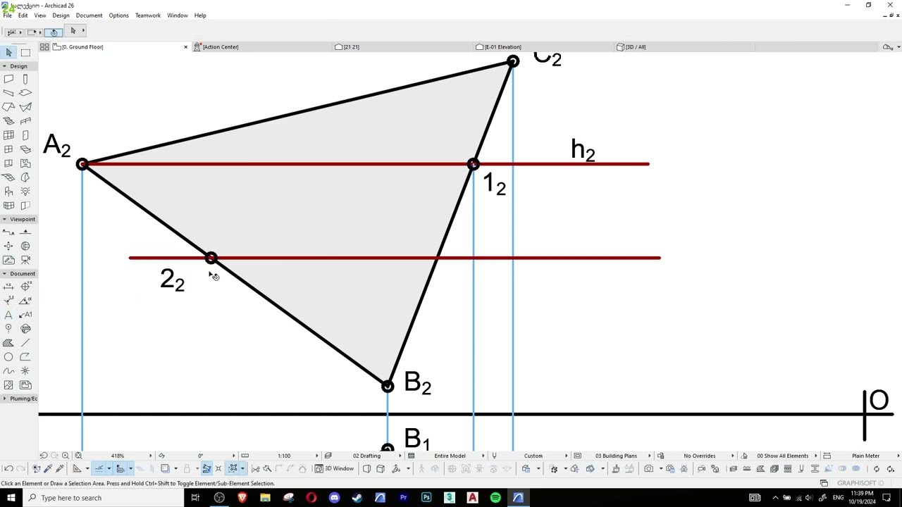 Descriptive Geometry: Depicting planes and finding lines/points on them