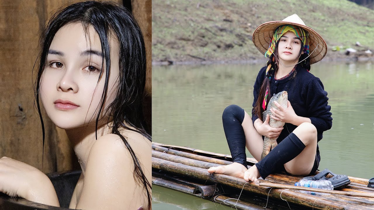 Pesca en la naturaleza: Incre&iacute;bles habilidades de pesca natural de una hermosa ni&ntilde;a del pueblo