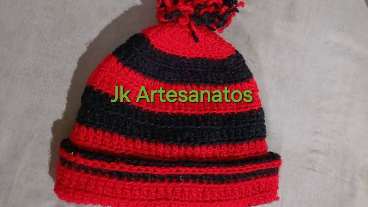 Touca de crochê em linha de lã duas cores