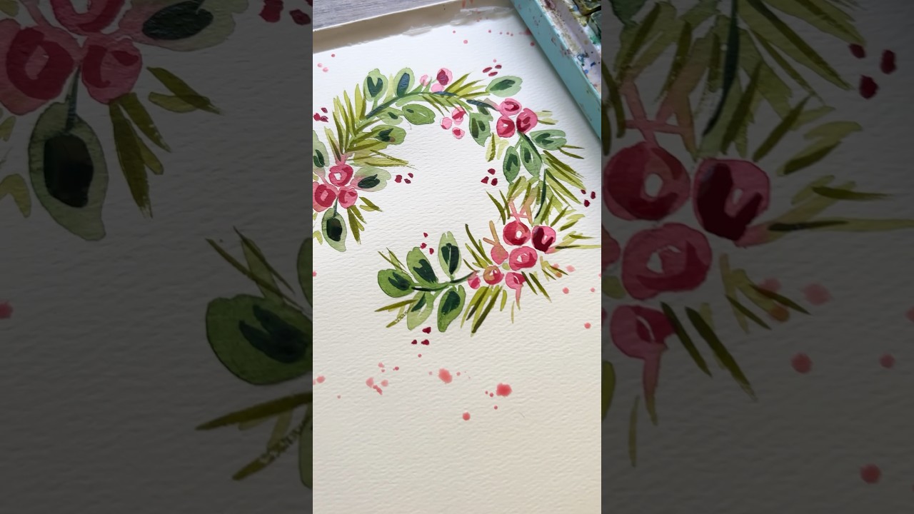 How to paint an easy watercolor Christmas wreath with berries