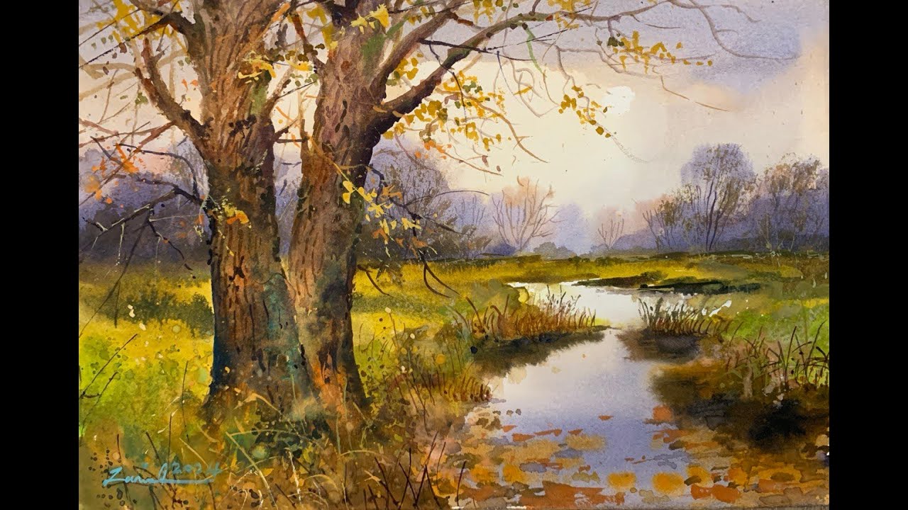 How to paint  an Autumn River and Trees Scene in Watercolor