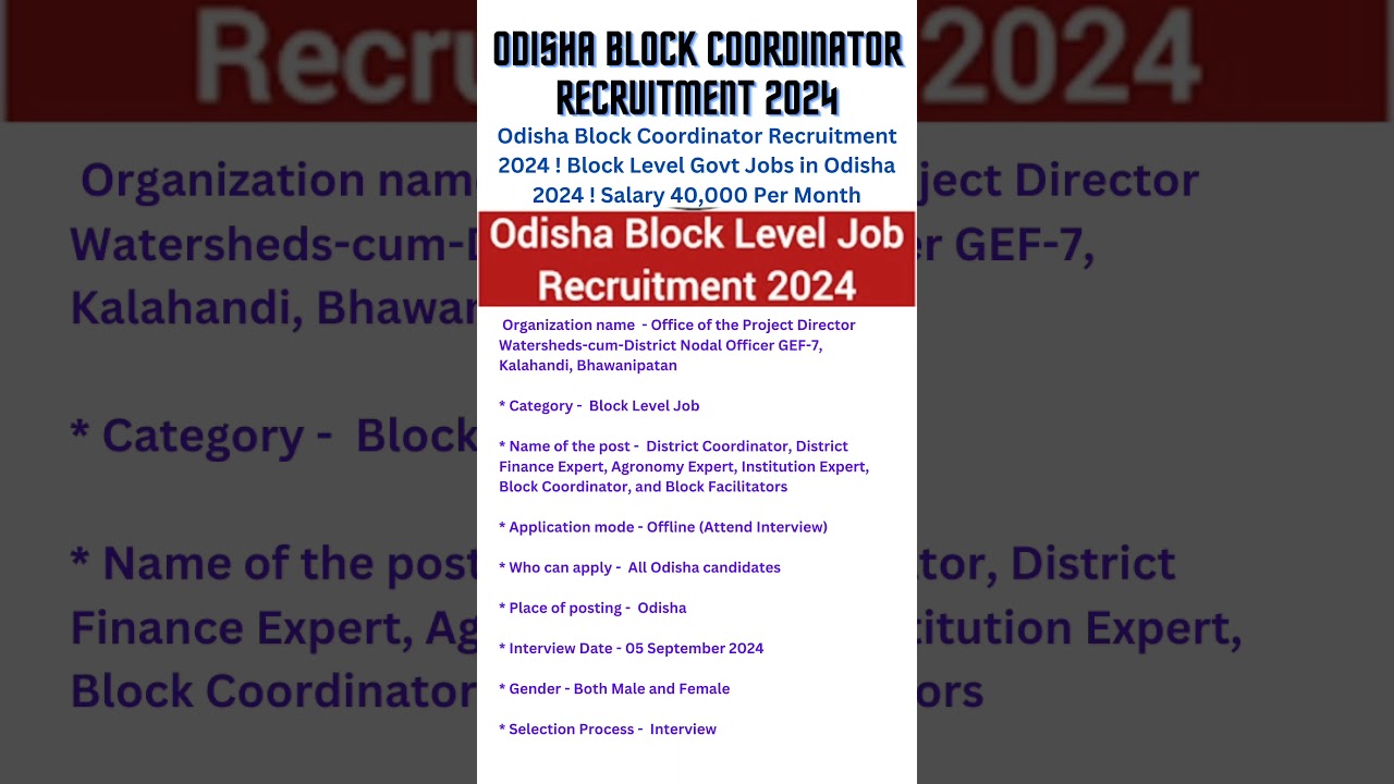 Odisha Block Coordinator Recruitment 2024|Odisha Block Level Govt Job Vacancy 2024 #shorts