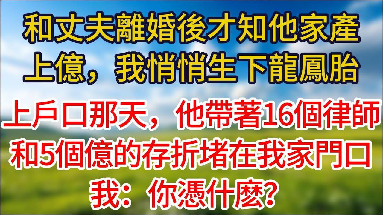 和丈夫離婚後才知他家產上億，我悄悄生下龍鳳胎，上戶口那天，他帶著16個律師和5個億的存折堵在我家門口，我：你憑什麽？