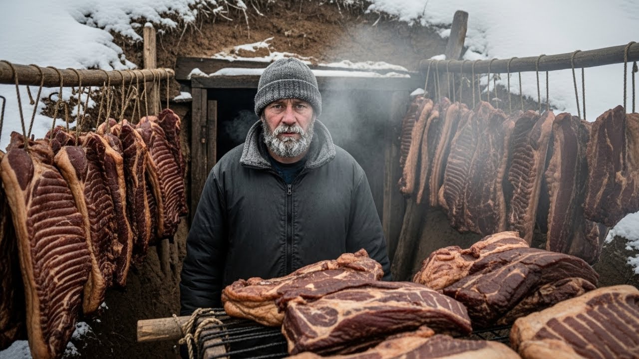 Smoking 800kg of meat in an earthen cave to feed the family through winter