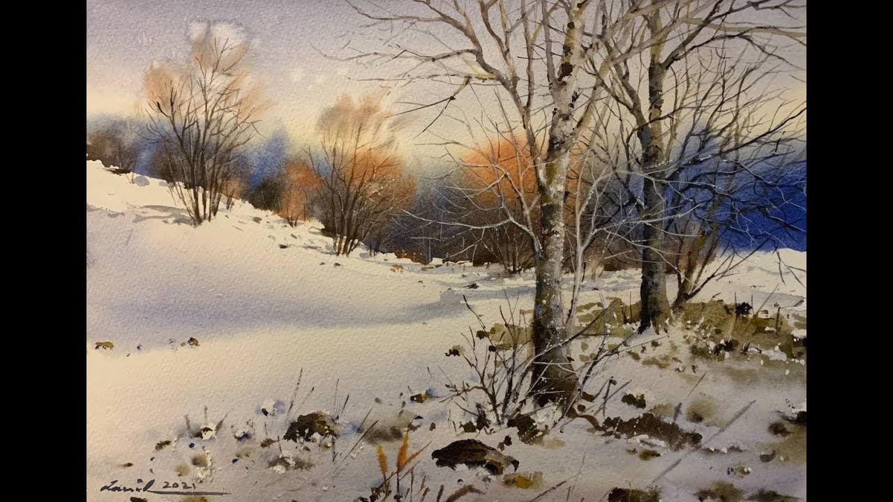 How to paint snowy scene in watercolor painting demo by javid tabatabaei
