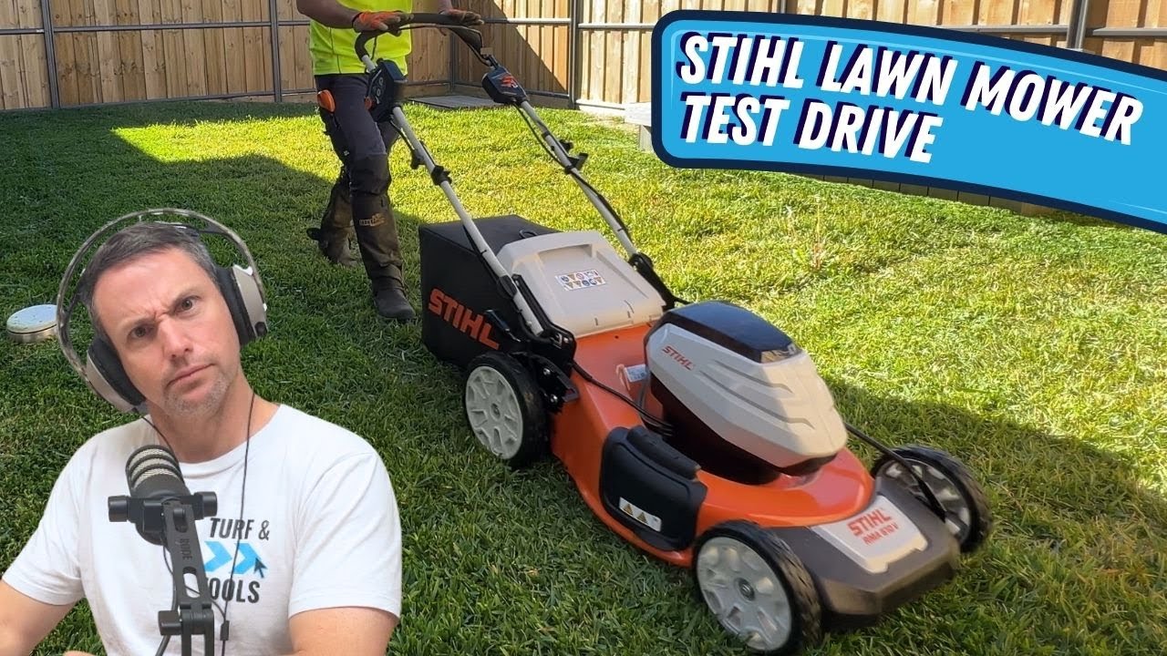 Тест-драйв газонокосилки Stihl RMA510V с газоном и инструментами