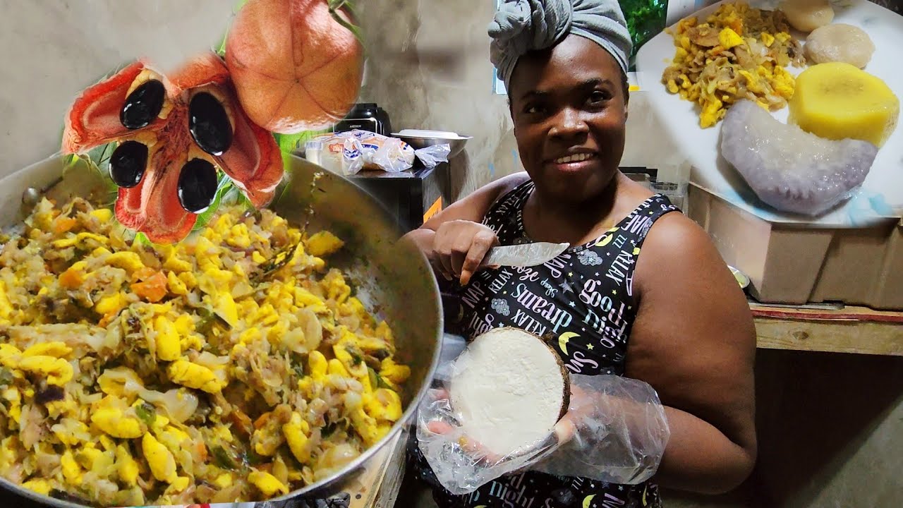 home cooked meal for breakfast ackee and dumpling and yellow yam and dasheen