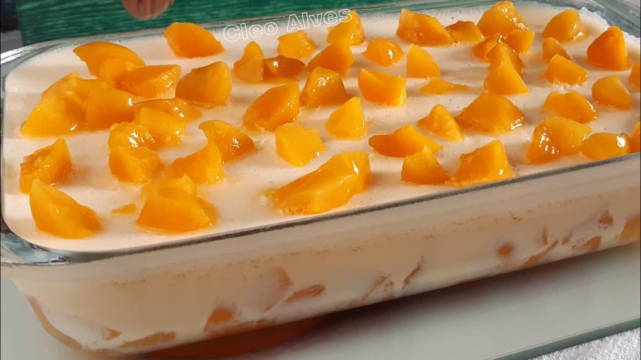 Sem fogo sem leite condensado sem amido, sobremesa cremosa de pêssego deliciosa