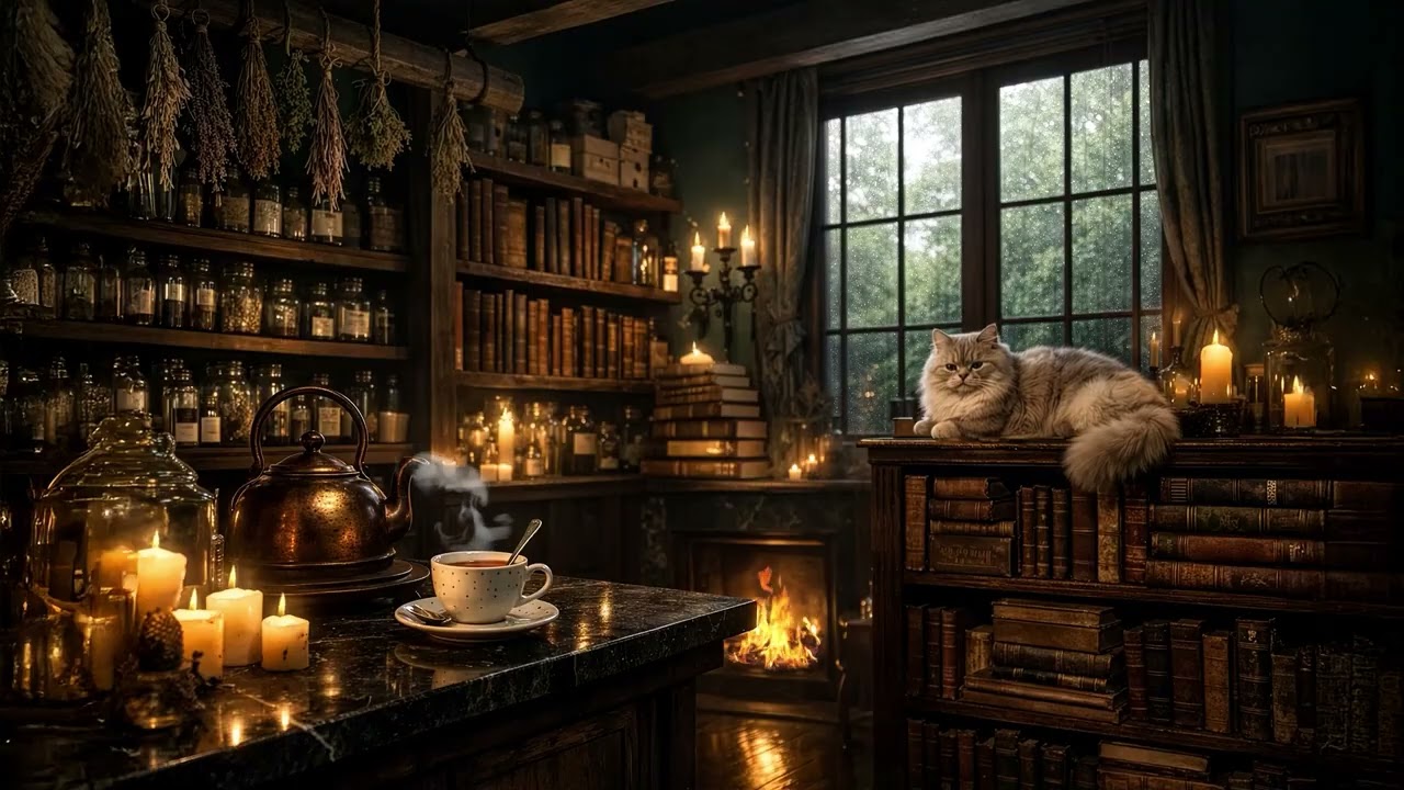 Cozy Herbal Tea Shop Ambience | Storm Rainfall, Fireplace & Quiet Book Reading Atmosphere (8 Hours)
