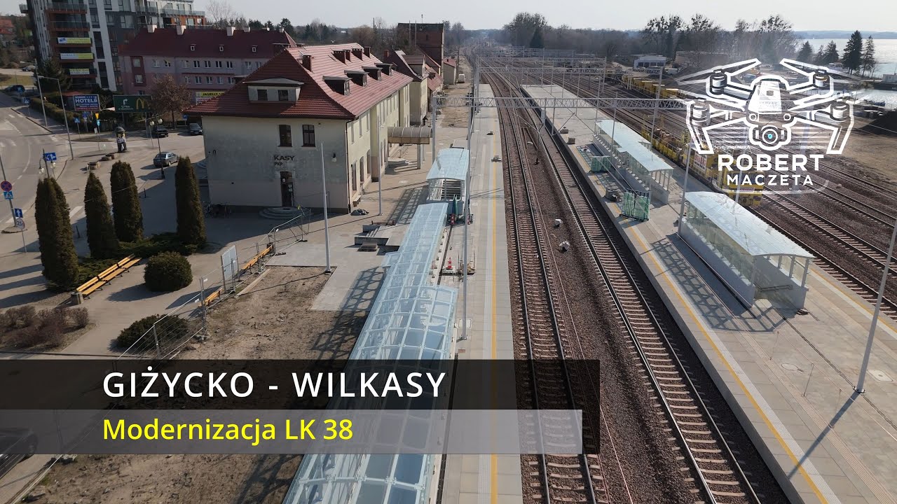 Modernizacja LK 38 | Stacja Giżycko - Wilkasy | Dworzec | 23.03.2025 | Widok z drona 4K