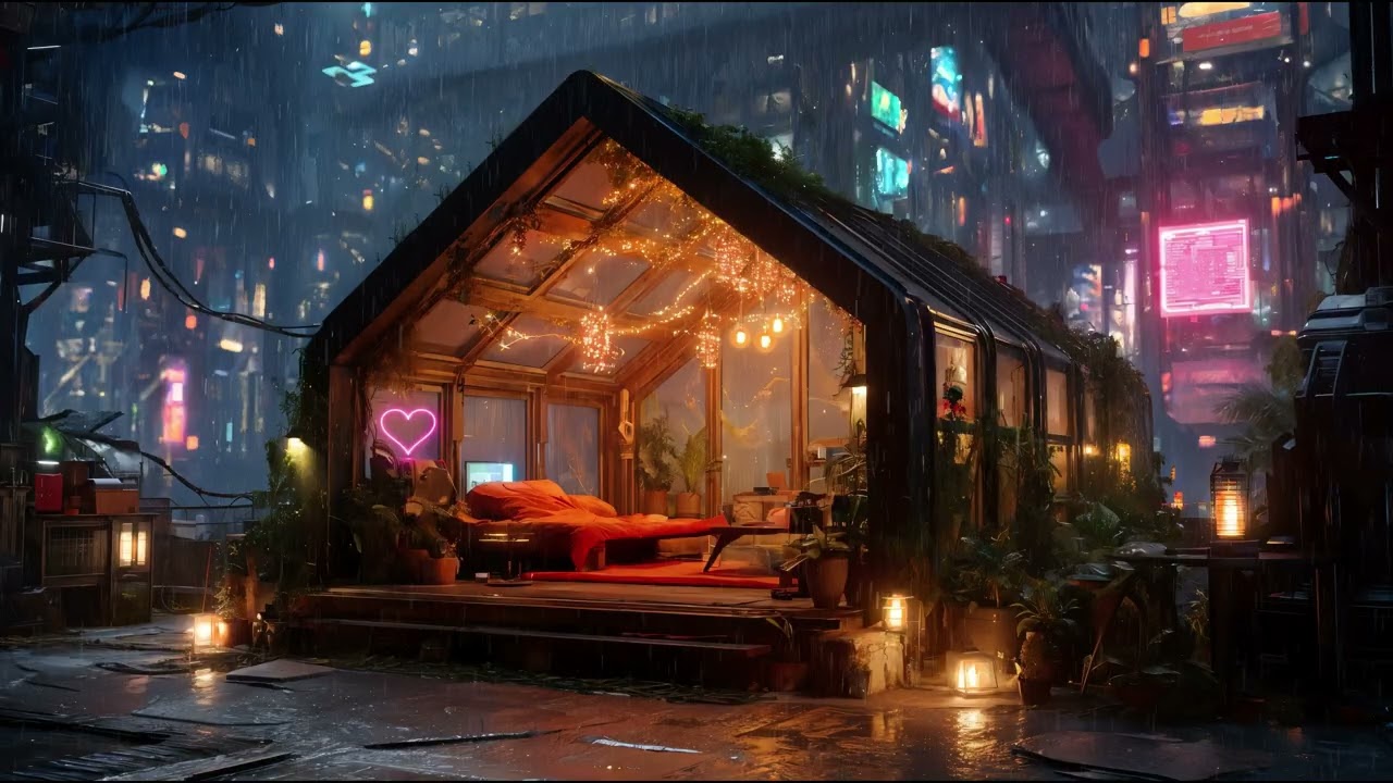 Cyber Lofi Vibes - Cozy Glass House in a Rainy Cyberpunk City 🌧️ | Lofi Beats to Study & Deep Focus