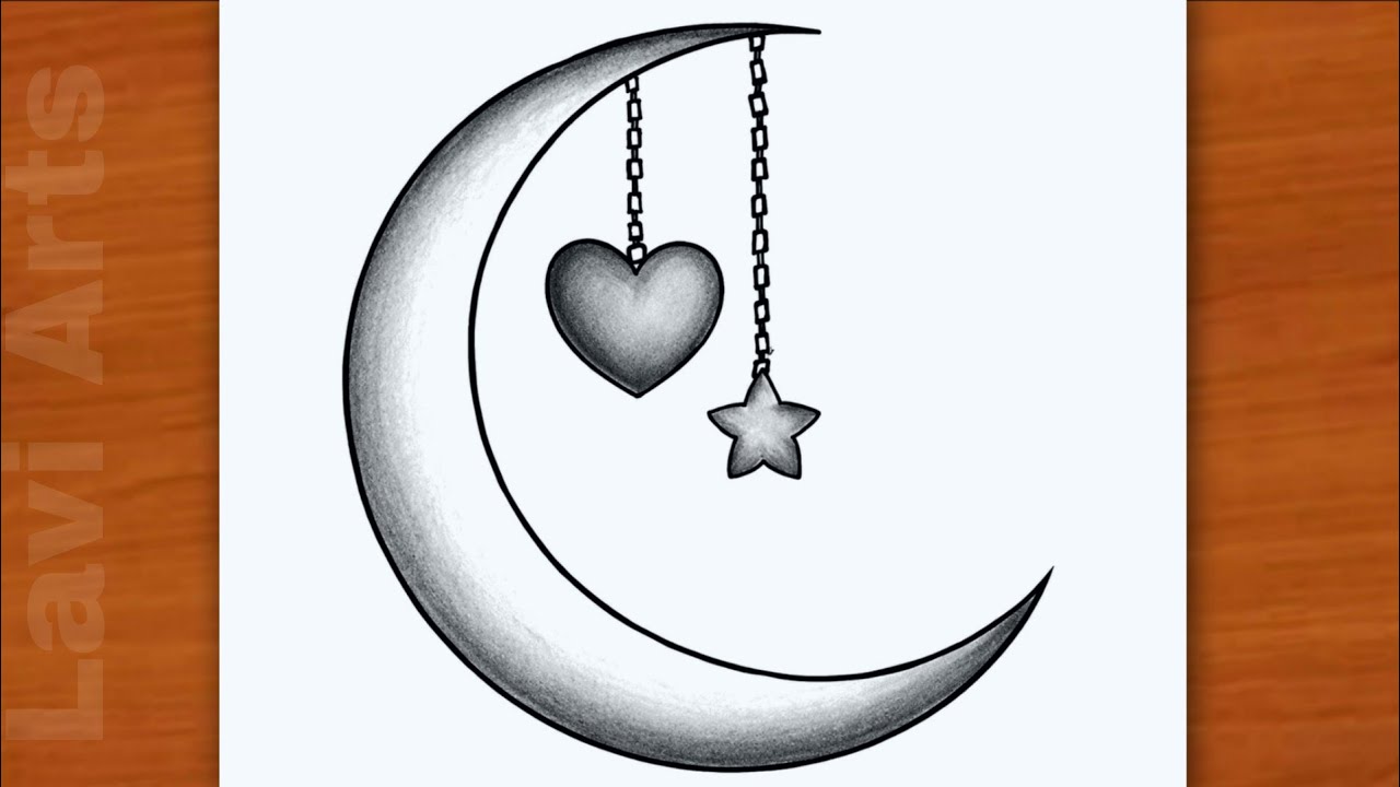 Easy Moon and Heart Drawing | Crescent Moon Pencil Drawing Step by Step | Tutorial 