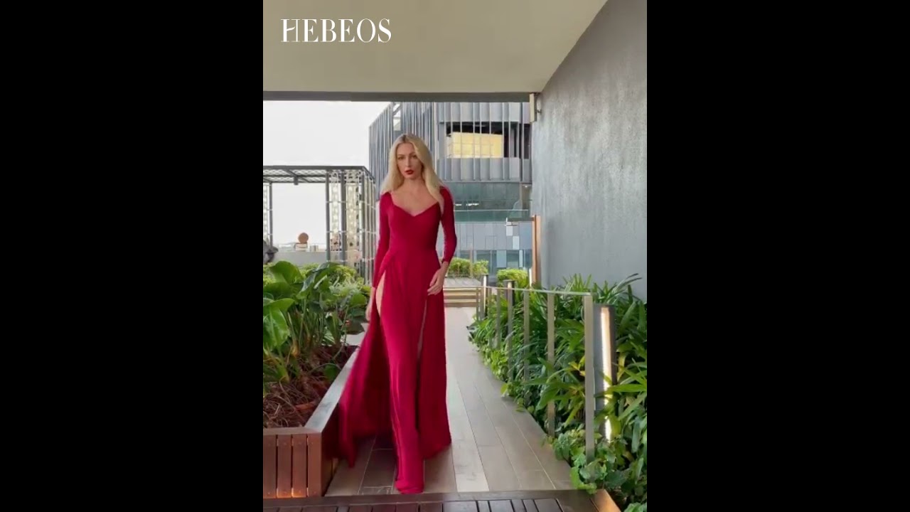 HEBEOS-A-Line/Princess Jersey Ruched V-neck Long Sleeves Sweep/Brush Train Dresses