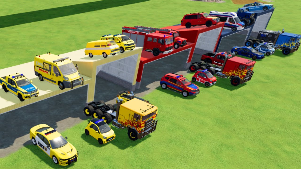 TRANSPORTING CARS, AMBULANCE, POLICE CARS, FIRE TRUCK OF COLORS! WITH TRUCKS! - FS 22
