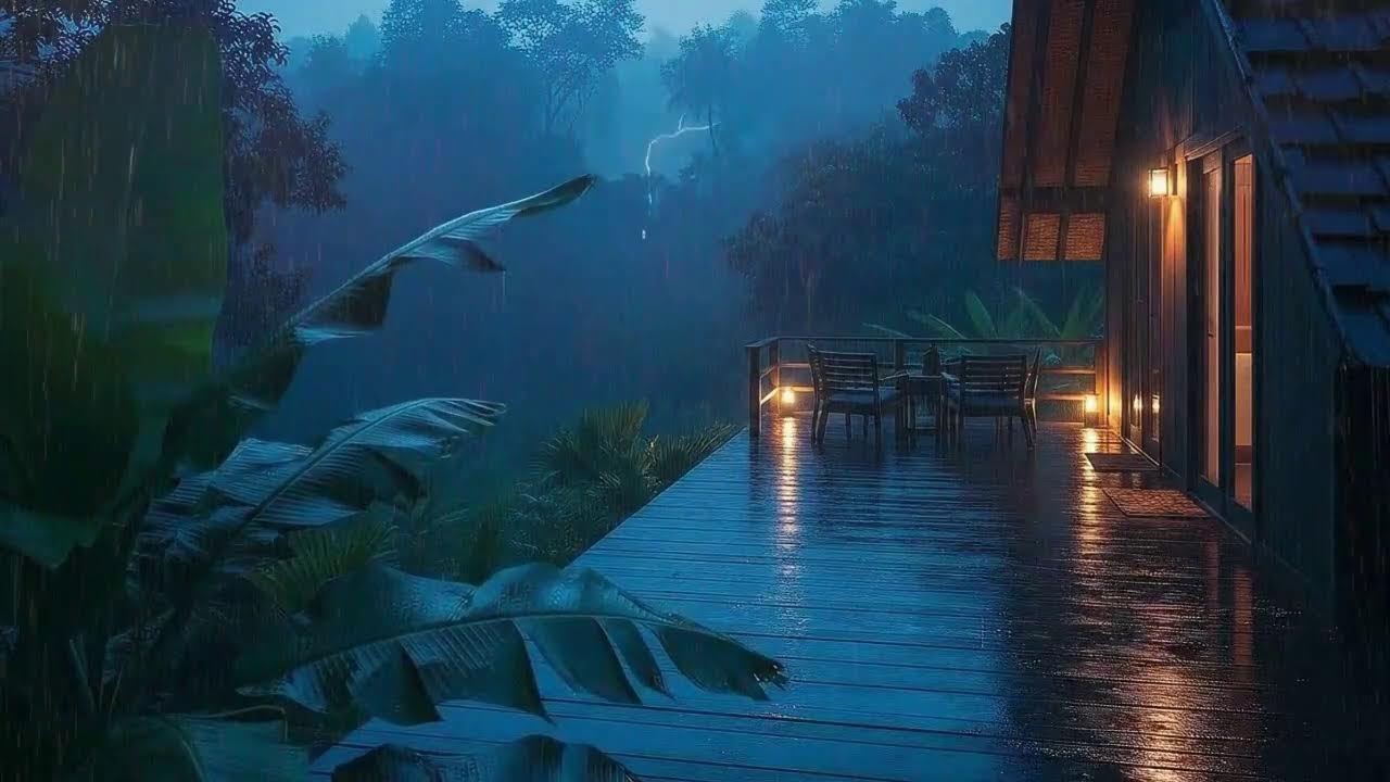 Instant Sleep with Calm Rainfall and Rolling Thunder Murmur at Forest Cabin Terrace 🌧️