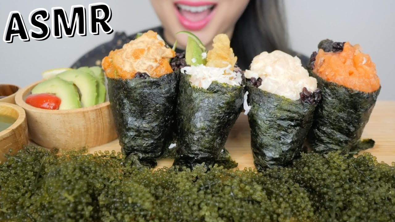 Black Rice SUSHI Cones with Seagrapes and Avocado Sunomono salad *NO Talking ASMR Eating Sounds| N.E