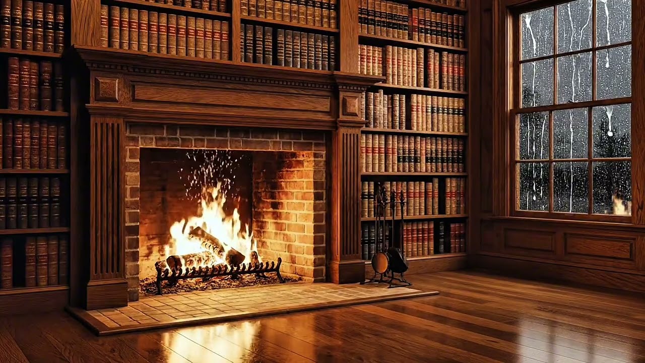 Fall Asleep Instantly 📚 Cozy Night Library with Fireplace & Rain | Deep Sleep