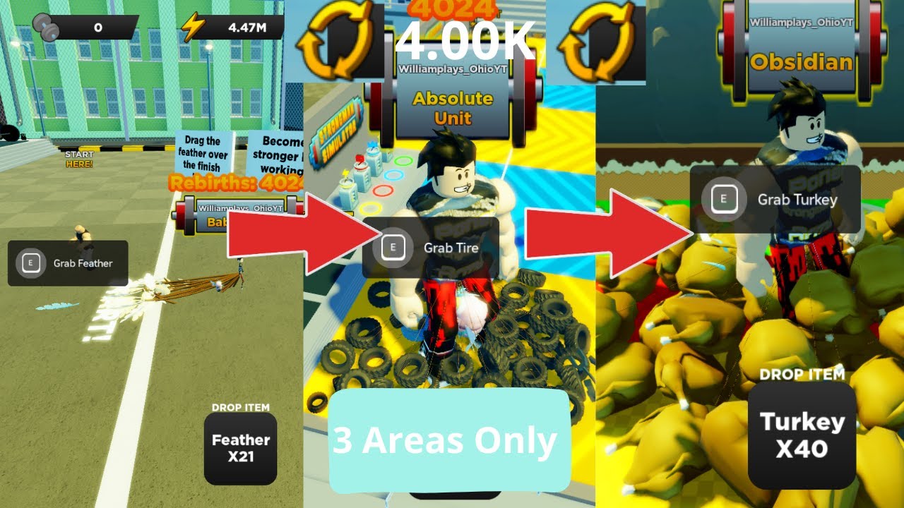 4k Rebirths And 4 Million Strength in first 3 Areas ONLY in Roblox Strongman Simulator