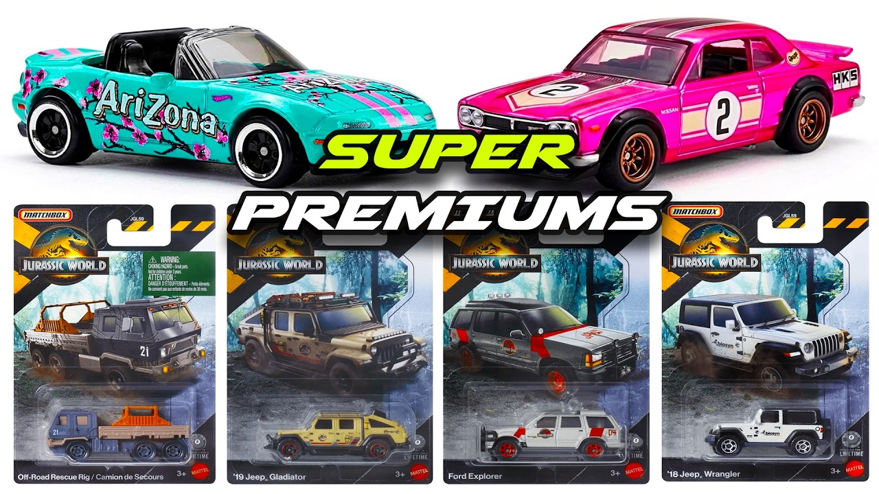 Витрина с моделями Hot Wheels: Skyline HT 2000GT-R, Mazda MX-5 Miata, MBX Jurassic World Basics и...