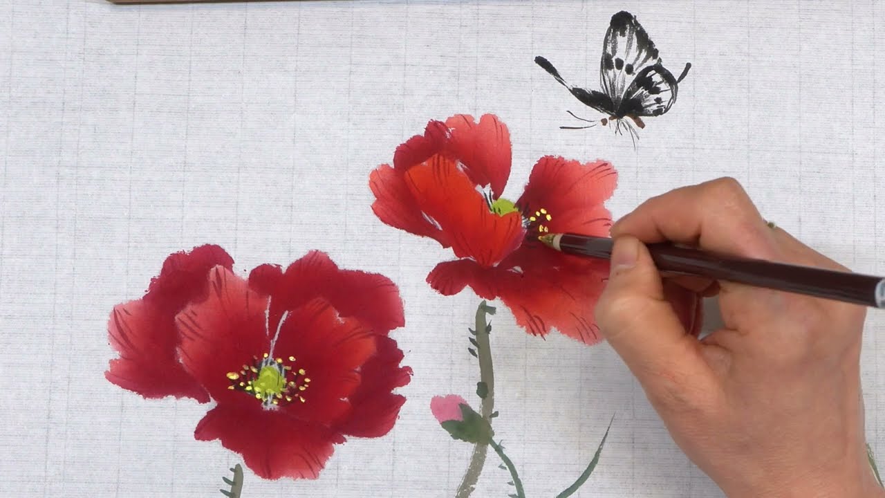 Mohnblüte und Schmetterling - Ostasiatische Tuschmalerei (Asian Ink Wash Painting, 동양화)
