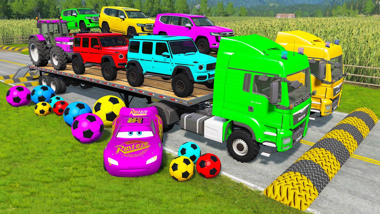 Double Flatbed Trailer Truck vs Speedbumps McQueen Train vs Cars | Tractor vs Train Beamng.Drive #11