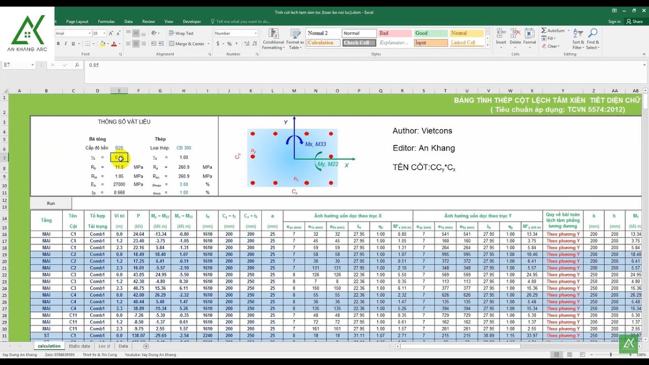 Cách tính Toán Cột Lệch Tâm Xiên Có File Excel