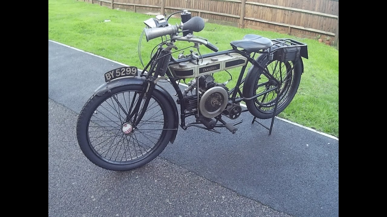 Douglas Motorcycle - 1919. Start up and running in neutral