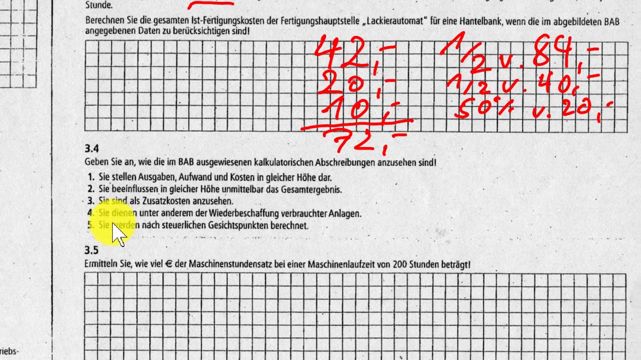 Prüfungsvorbereitung Industriekaufleute - Kostenrechnung - BAB - Maschinenstundensatz