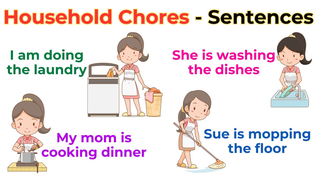 Household Chores with Sentences, Pictures | Action Verbs For Beginner Daily English