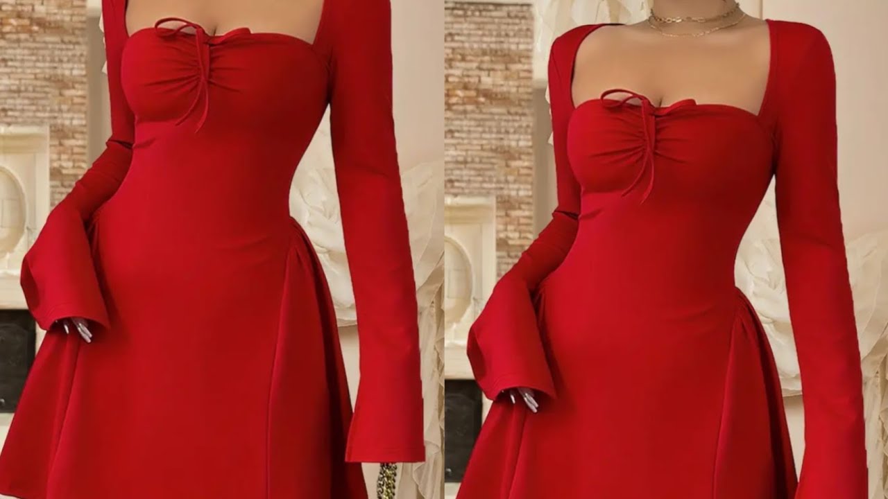 How to Cut And Sew Ruched Square Neckline Dress with a Stylish Long Sleeve | Confidensews