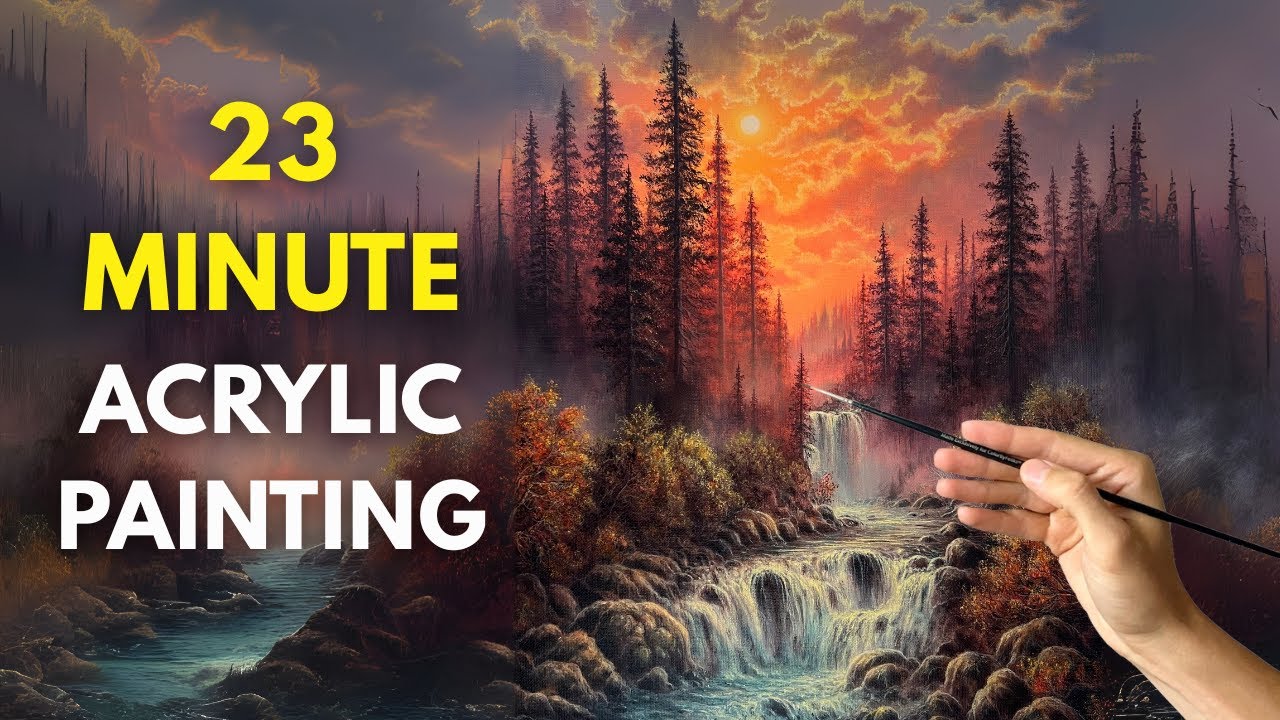 Misty Waterfall Acrylic Painting | Acrylic Painting for Beginners