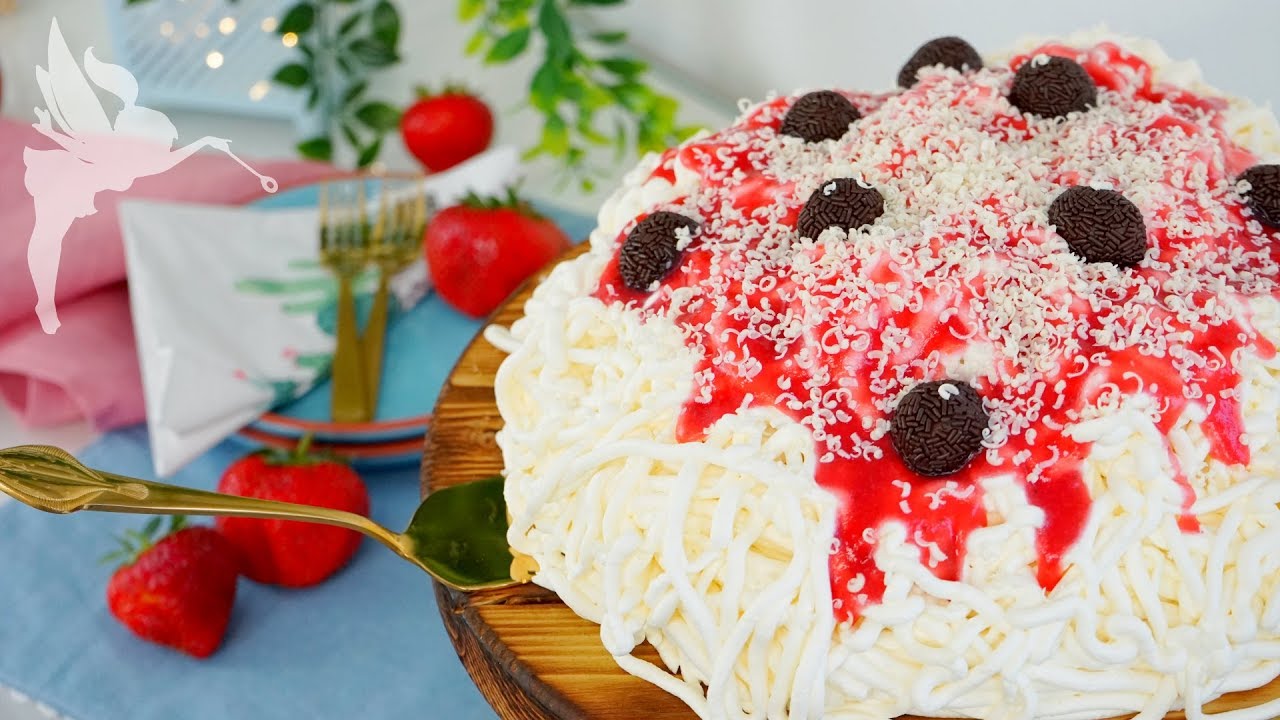 Spaghettieis Torte - Spaghettitorte selber machen - Mascarpone Erdbeer Kuchen - Kuchenfee