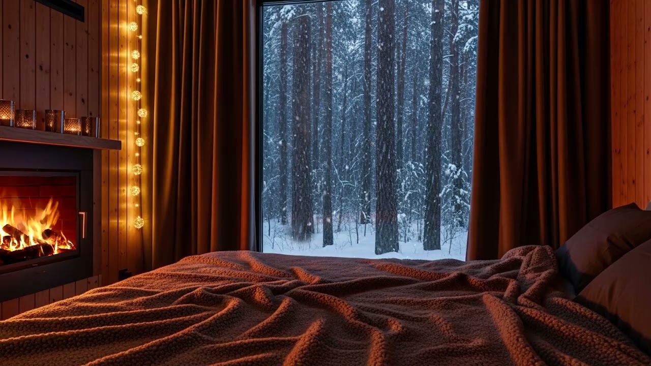 Cozy Winter Night by the Fire 🔥 Gentle Snowfall & Warm Relaxing Atmosphere