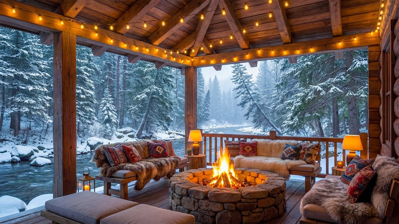 Winter Riverside Cabin Porch Campfire ❄️🔥 Crackling Fire, River & Nature Sounds