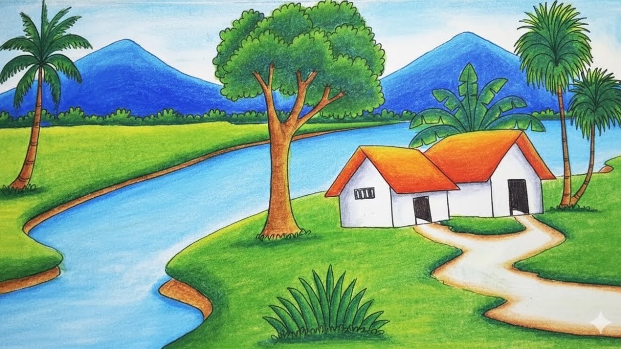 How to draw easy scenery | Riverside landscape mountain scenery drawing easy step by step 