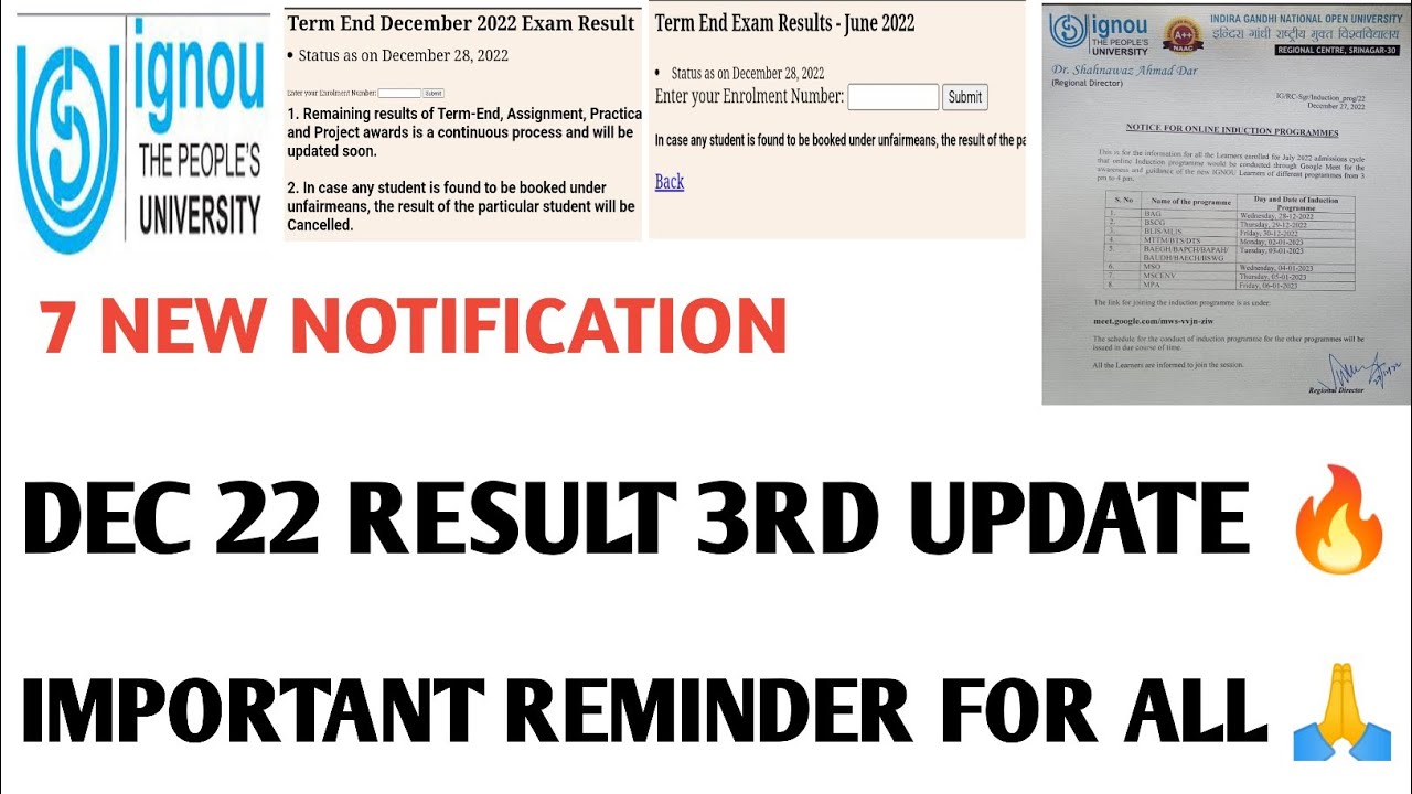 IGNOU 7 NEW NOTIFICATION DECEMBER 2022 EXAM RESULT 3RD UPDATE