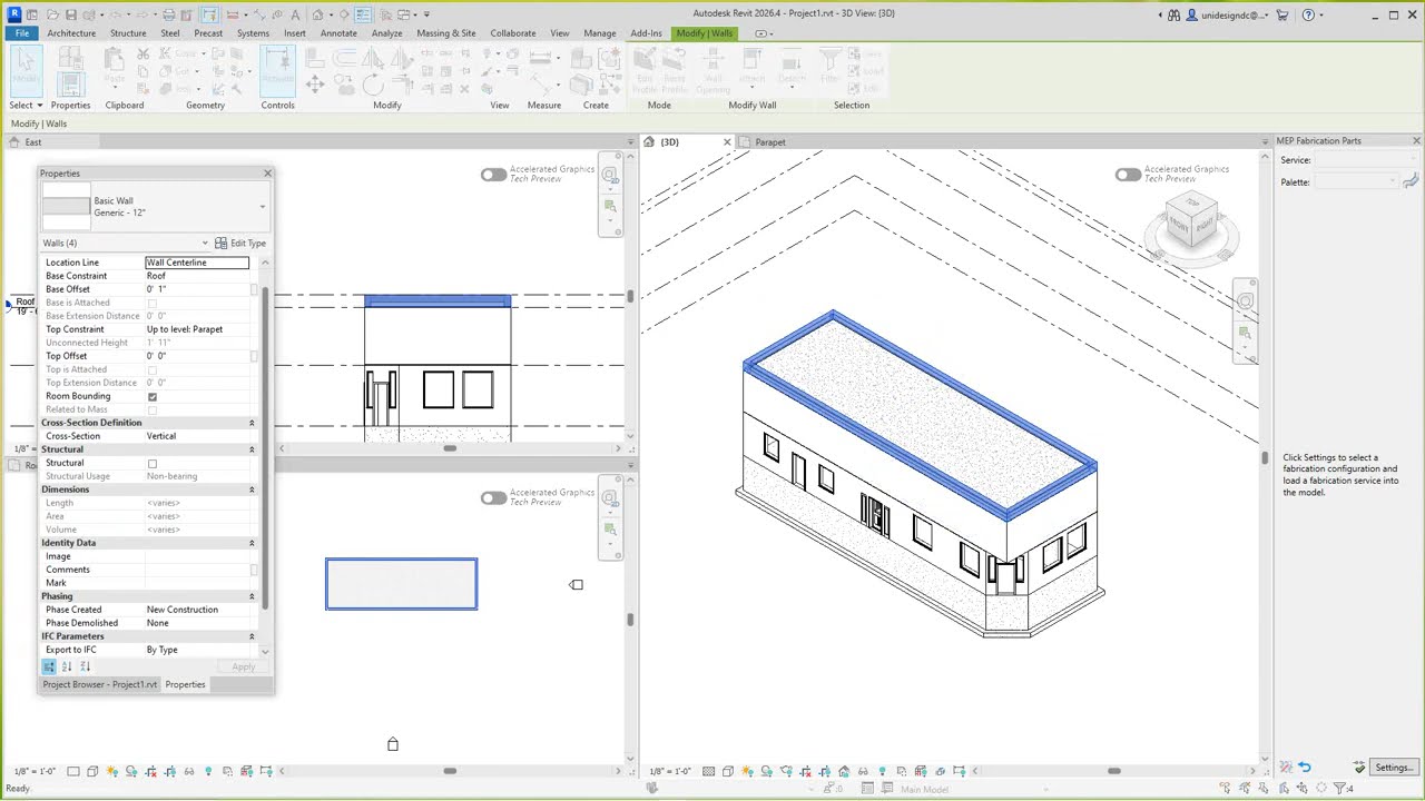 Металлическая панель Revit в качестве парапета со скатной бетонной крышей