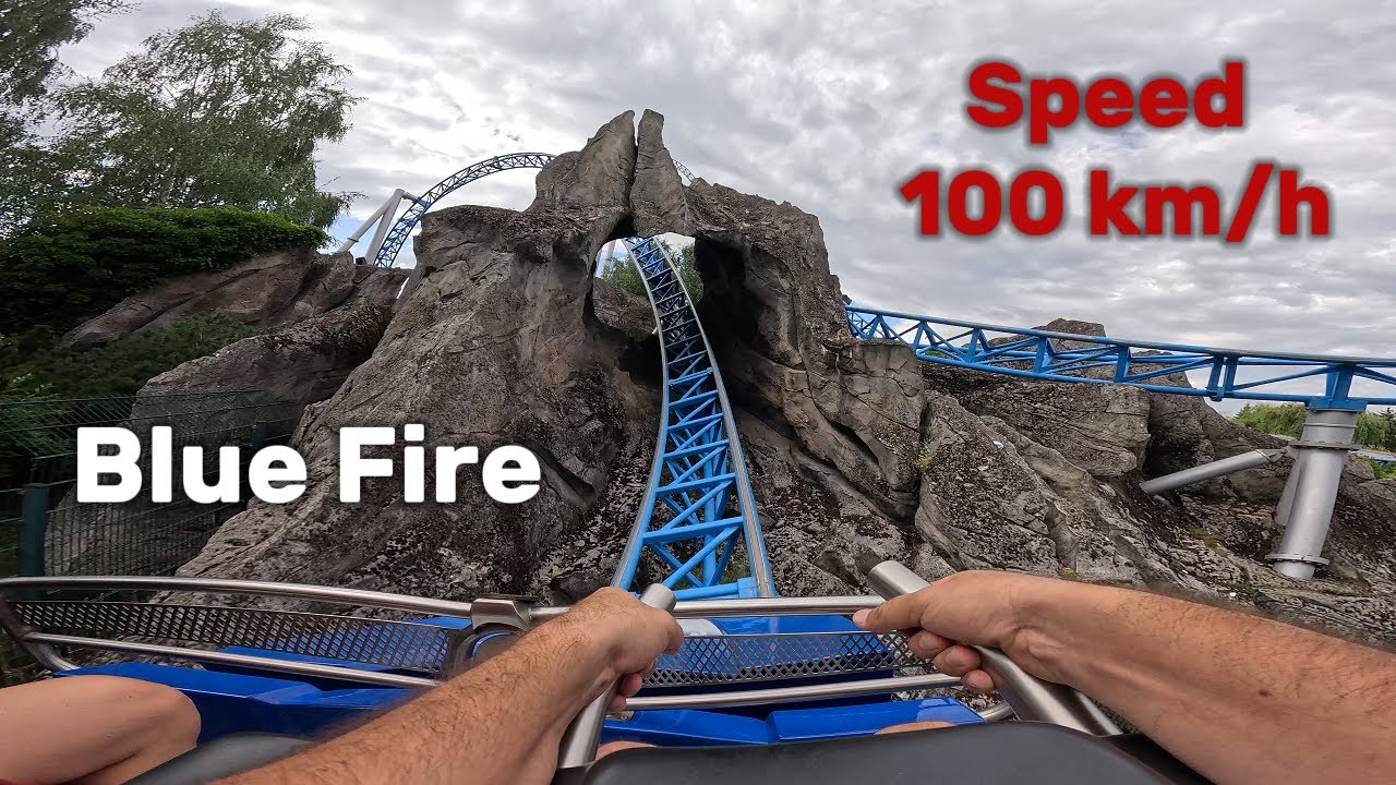 Blue Fire Mega Roller Coaster Amusement Park Europa Park Rust Germany, POV 4k video, Front seat
