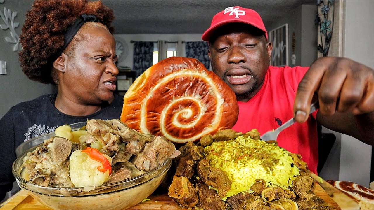 PORK NECK BONES VS. CURRY GOAT| RECIPE| BATTLE OF THE INLAWS| MUKBANG EATING SHOW!
