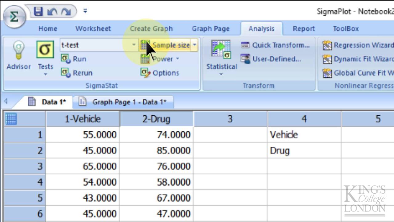Performing a t-test in SigmaPlot 13