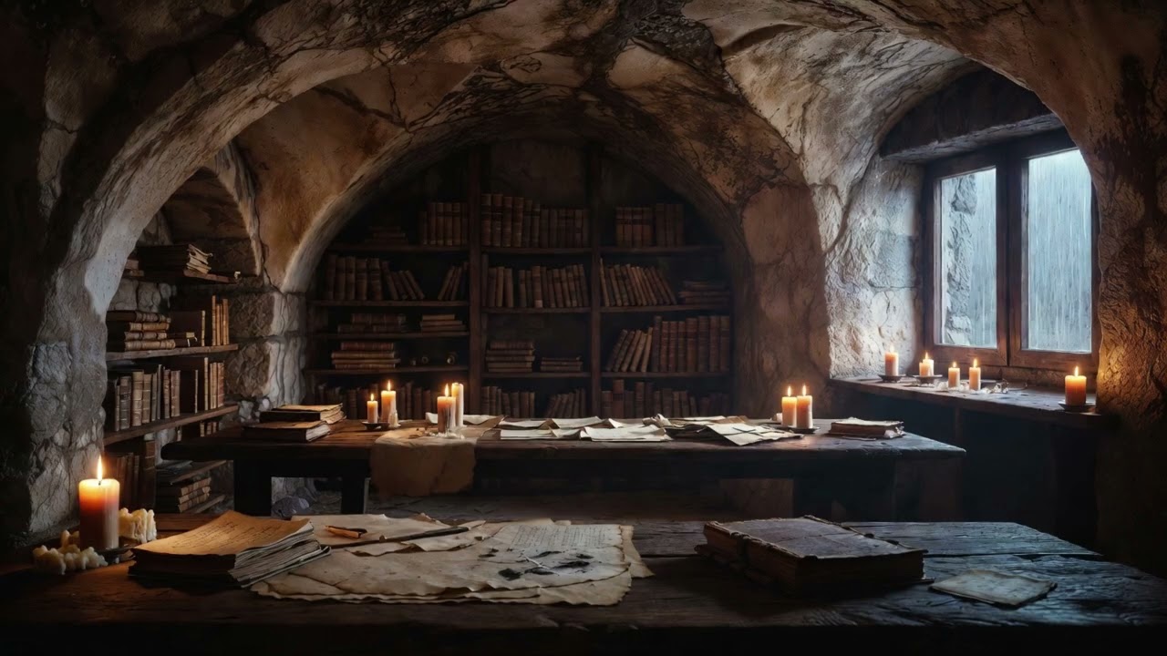 Rain, Candles & Fireplace Sounds for Deep Focus | Dark Academia Library Ambience ☔📚