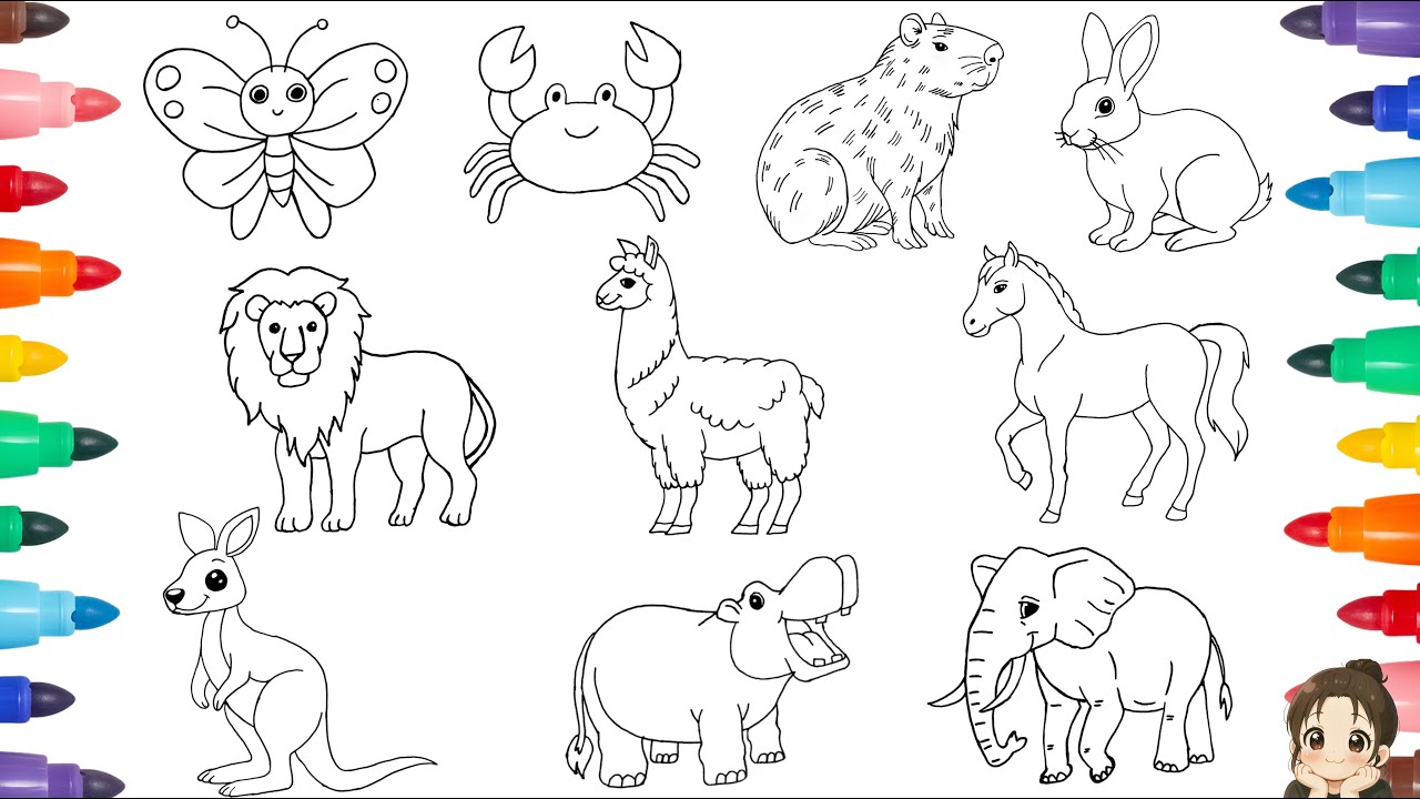 How to Draw 10 Cute Animals Step by Step 🦋🐘🦘🦀 🦙| Easy Animals Drawing and Coloring For Kids