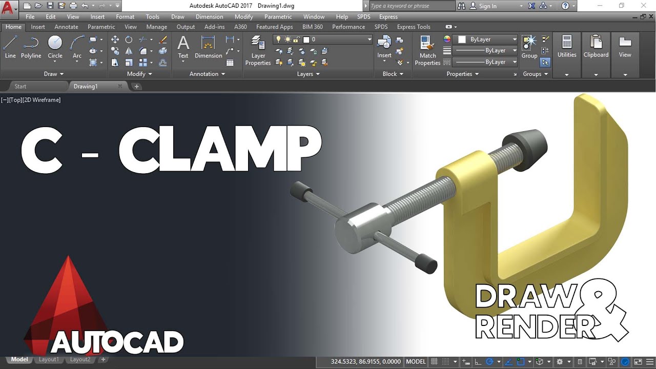 Draw and Render C-Clamp Using AutoCAD