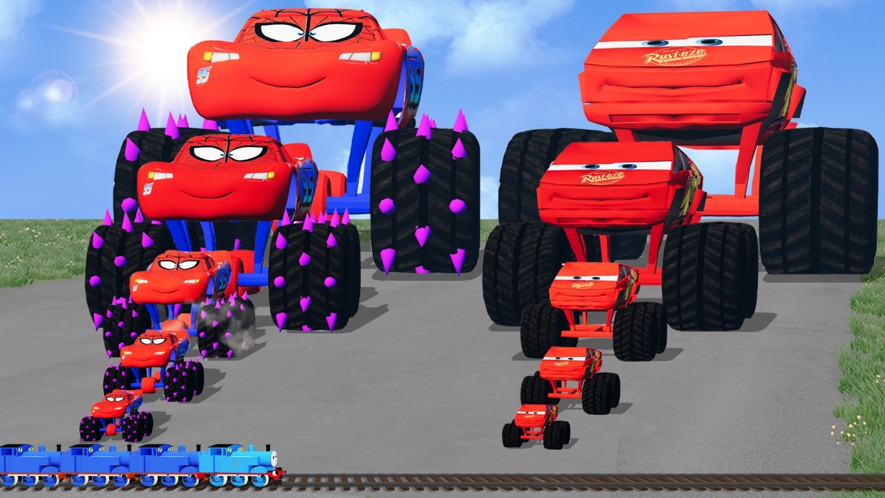 Big & Small Cyber vs Lightning Monster Truck with Spikes Wheel vs Trains | Cars Test | BeamNG.drive