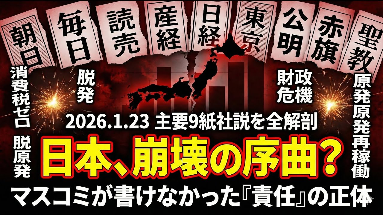 新聞９紙（朝日、毎日、読売、産経、日経、東京、公明、赤旗、聖教）社説を読み比べてみた（2026.01.23）