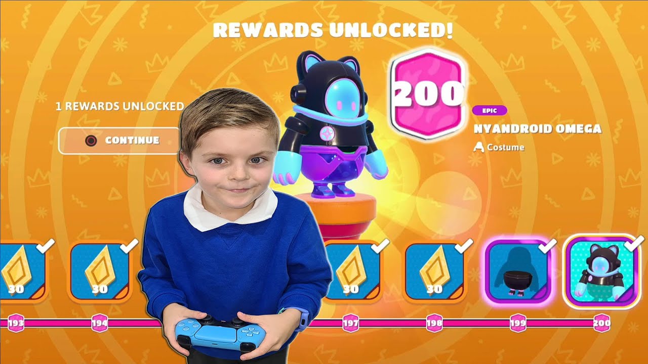 My 9 Year Old Kid Unlocks TIER 200 Battle Pass Skin NYANDROID OMEGA Unlocking NEW Fall Guys Skin