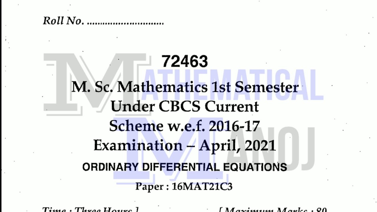 MDU MSc Mathematics Previous Year Paper 2021 Ordinary Differential Equations | Mathematical Manoj